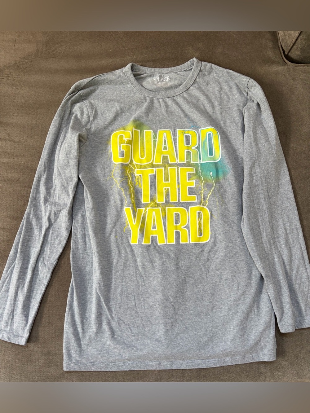 Gray Long Sleeve Tee with Yellow and Teal "Guard The Yard" Print